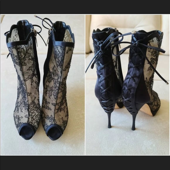 Dior Lace And Satin Mock Lace Up Peep Toe Booties - Picture 9 of 10